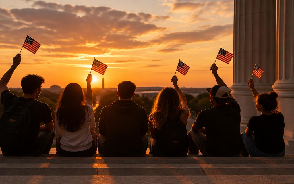 Young Americans holding American flags on courthouse steps at sunset