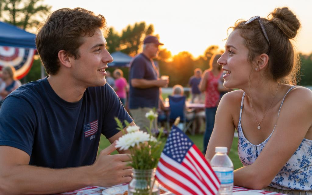 Two young Americans talking face-to-face at a community event