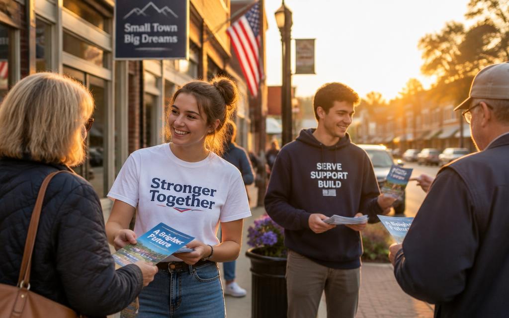 YPN volunteers handing out informational flyers on a small-town main street